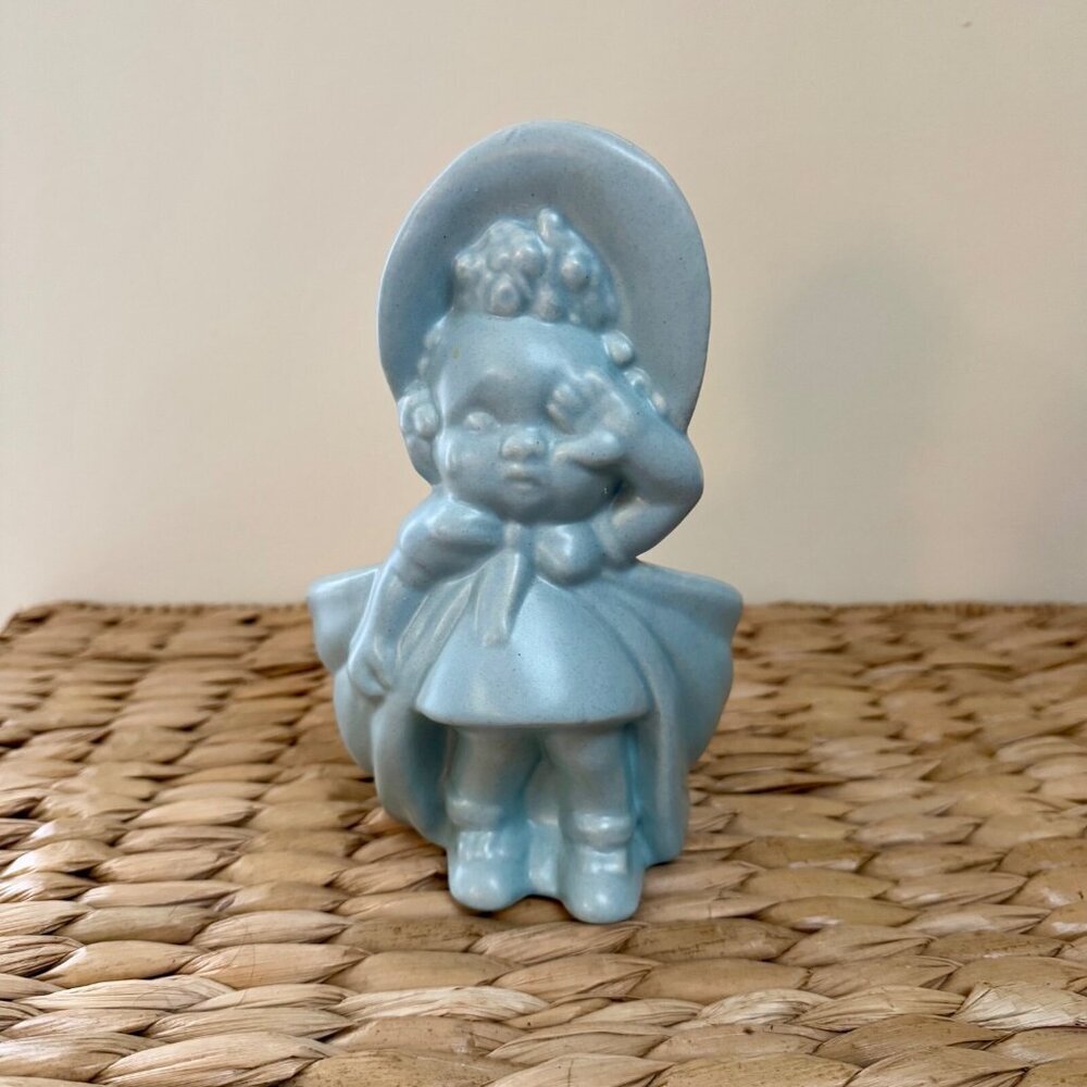 Vintage Haeger Pottery Crying Baby Girl with Bonnet Planter in Matte Blue